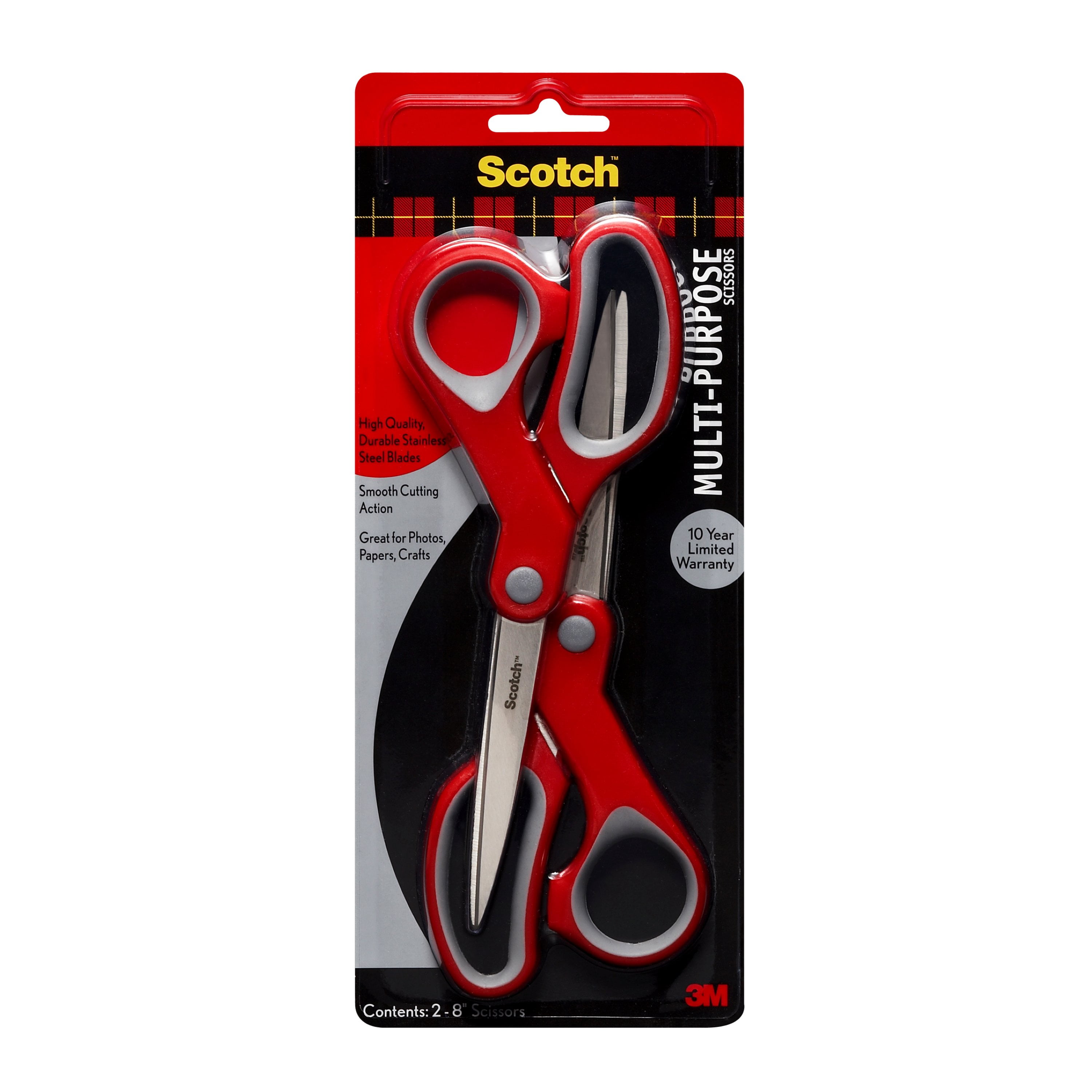 Scotch 8" Multipurpose Stainless Steel Scissors, 2 Pack, Red/Gray