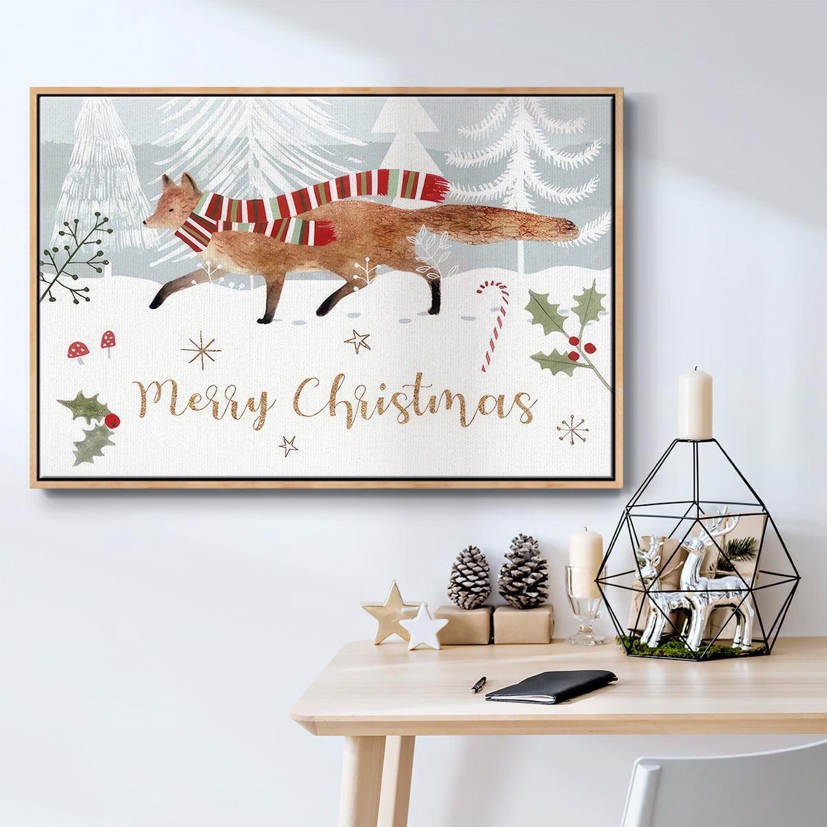 Woodland Christmas Collection A - Framed Gallery Wrapped Holiday Canvas - 25 x 37 - Natural Wood Frame