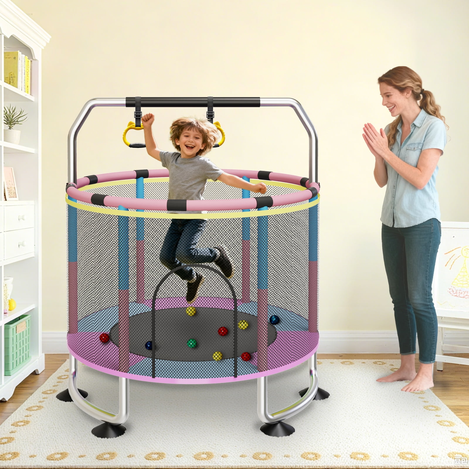 G TALECO GEAR Trampoline for Kids, Toddler Trampoline with Adjustable Gymnastics Bar & Toys, Indoor & Outdoor Round Small Trampoline Gift for Boys & Girls,  400lbs, Pink & Blue