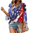thumbnail image 5 of Women's 4th of July 3/4 Length Sleeve Tops, V Neck Blouses with Button Cuffs American Flag Baggy Summer Business Casual Office Outfits, 5 of 6