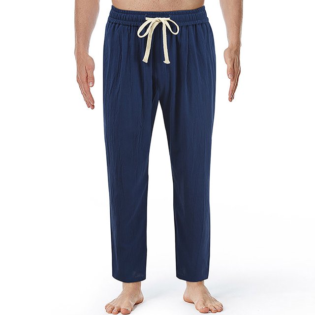 AherBiu Mens Linen Pants Drawstring Elastic Waisted Straight Leg Trousers Causal Loose Summer Fall Beach Pants
