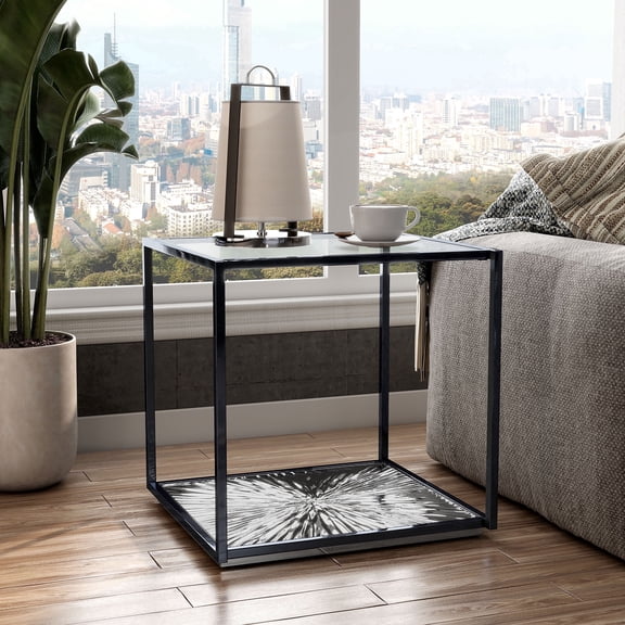 Aureum Modern 1-Shelf Metal End Table with Tempered Glass Top, Black Nickel