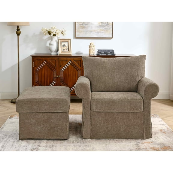 YWEN Accent Chair Ottoman Set, Chenille Upholstered Armchair Footrest, Plush Reading Lounge Seat, Skirted Single Sofa Couch for Living Room Bedroom Apartment Dorm Office Guest Space Nook