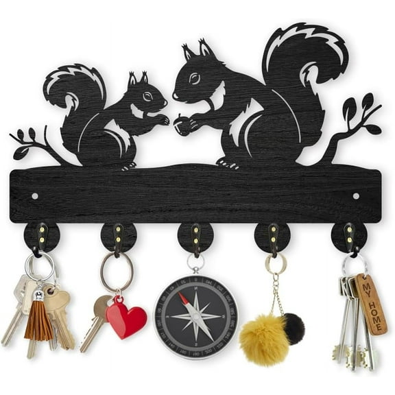 Squirrel Coat Rack Wall Mount 11.8×7.4inch Wood Animal Key Holder for Wall Forest Animal Tree Branch Key Hanger 5 Alloy Hooks Key Hooks Rack Art Decor Gift for Farmhouse Entryway Hallway