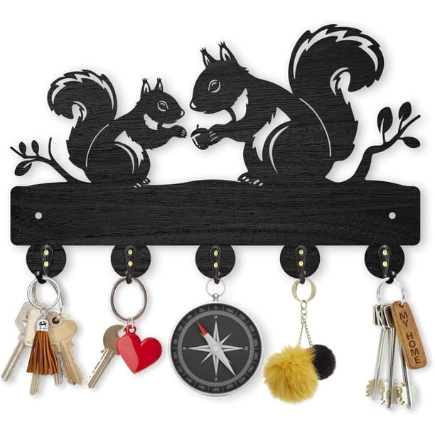 Perchero de pared con forma de ardilla, 11,8 x 7,4 pulgadas, de madera, con forma de animal, para colgar llaves, con forma de rama de árbol, 5 ganchos de aleación, ideal como regalo decorativo.