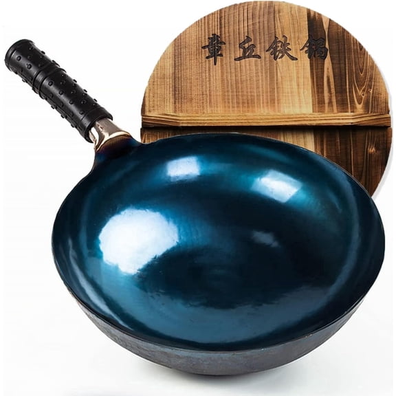 TKRADISH 14 Inch Chinese Hand Hammered Iron Wok and Stir Fry Pans with Lid Round Bottom Wok Pan Non-stick No Coating Ideal for Home Use and Gift Giving