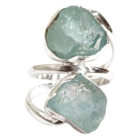 Natural Aquamarine Ring, Rough Aquamarine Gemstone Ring, March Birthstone, Double Stone, 925 Sterling Silver, Womens Ring, Christmas, Thanksgiving, Handmade, Statement Jewelry, Raw Gemstone Jewelry