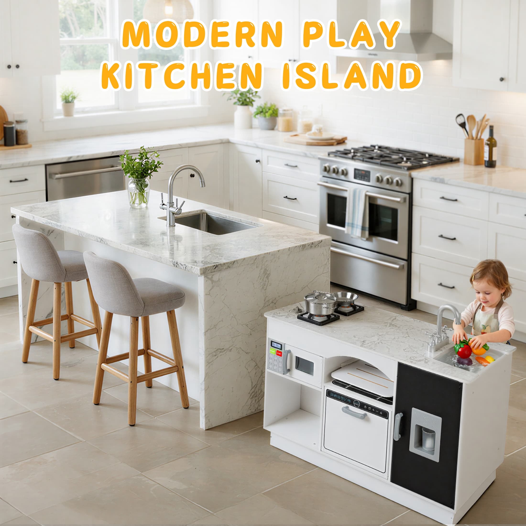 COCLUB Modern Wooden Play Kitchen Island for Kids, Pretend Play Center w/ Electronic Light & Sound Effects, Kids Kitchen Playset | Microwave, Washer, Ice Maker, Chalkboard & Accessories Included