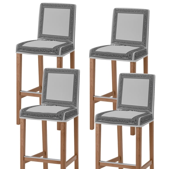 Gray Geometric Bar Stool Cover Set of 4, Black Greek Key Design Abstract Modern Art Stretch Bar Chair Cover, Removable Washable Pub Counter Stool Chair Slipcover for Kitchen Dining Room Pub Cafe