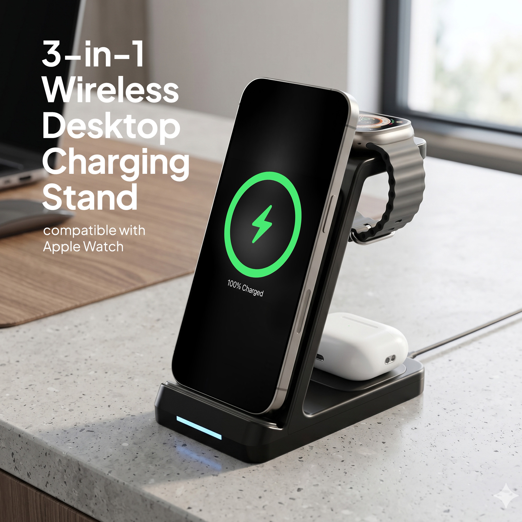 Powertek 3-in-1 Wireless Charging Station, Black photo 2