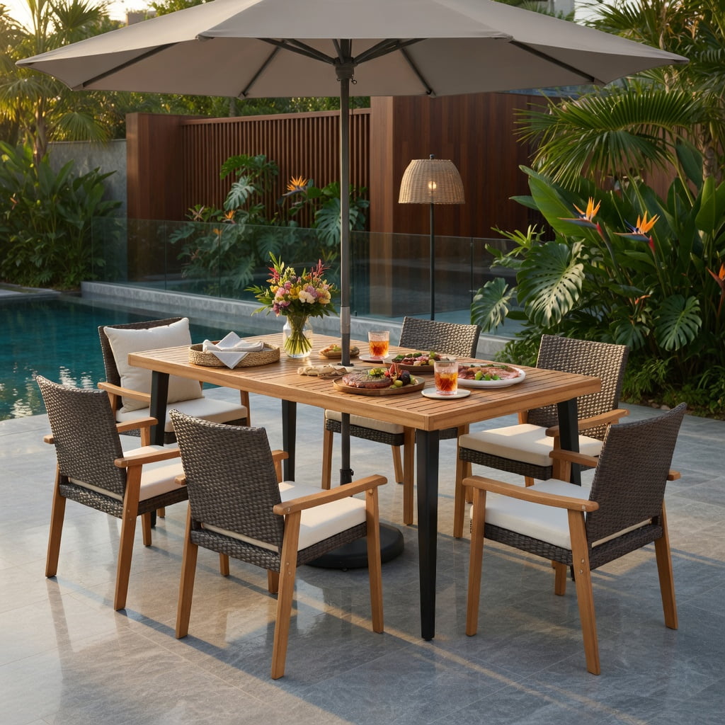 Hommoo 2-Piece PE Rattan Outdoor Dining Chair Set with Removable Cushions & Natural Acacia Wood Armrests, Weather-Resistant Patio Seating for Backyard, Deck or Garden, White