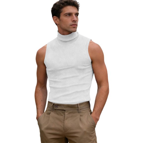 High Neck Ribbed Tank Top Men Sleeveless Muscle Tee Solid Color Striped Gym Slim Fit Clubwear Base Layer