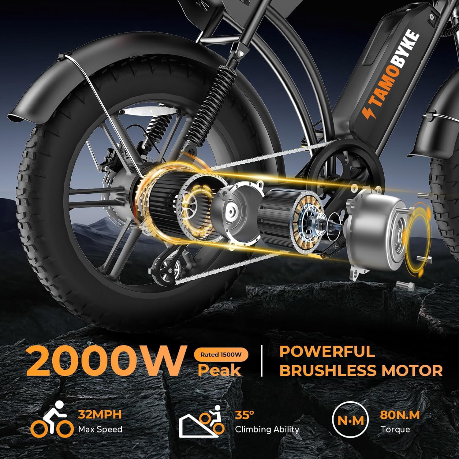 Tamobyke V29Pro Peak 2000W Electric Bike,20" Fat Tire E-Mountain Bikes, 48V 31.2Ah 32mph Ebike for Adults Full Suspension UL2849