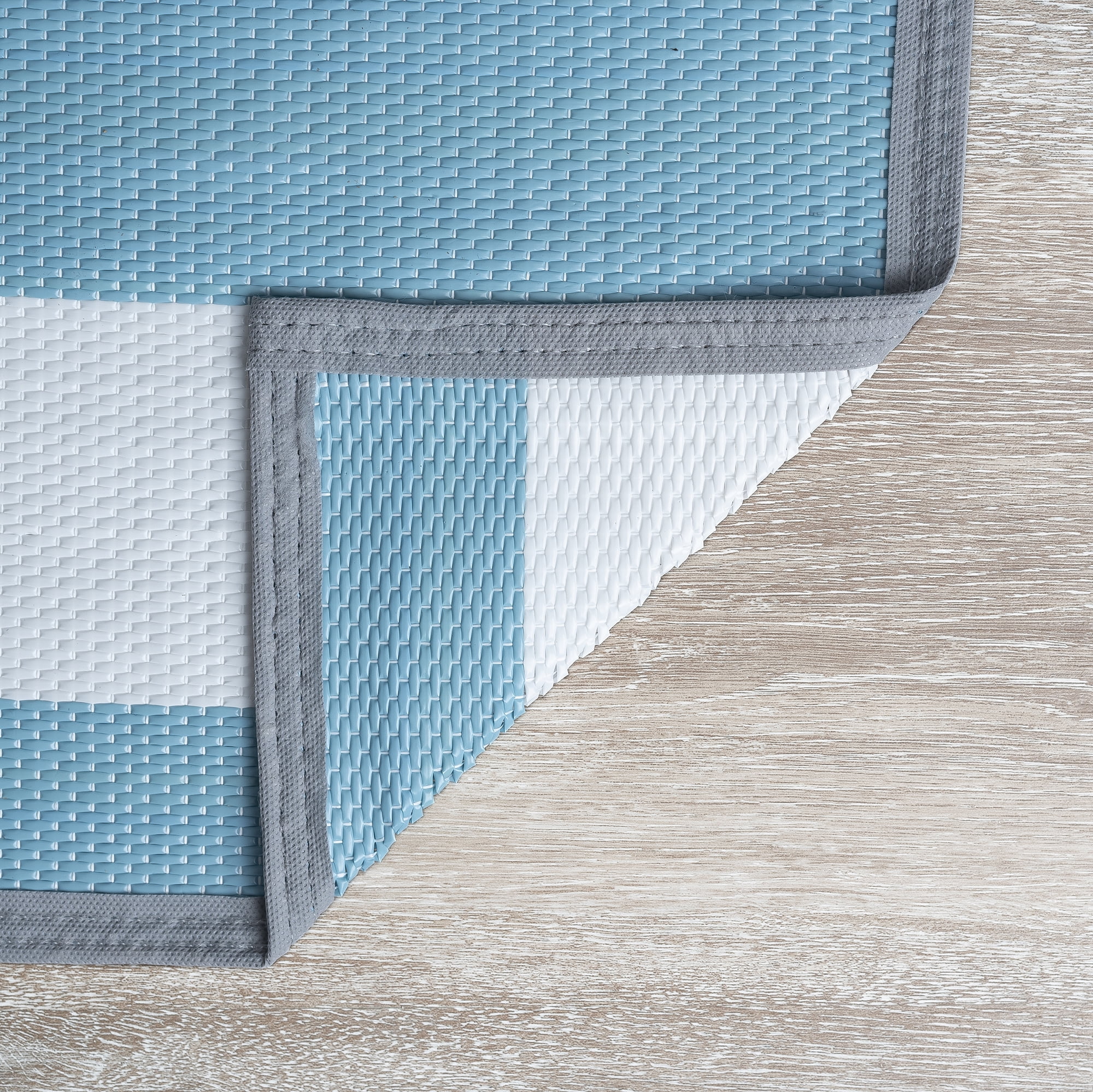 Luna Contemporary Stripe Aqua and White Polypropylene Reversible Plastic Straw Outdoor Area Rug, 5' x 6'11'' Rectangle