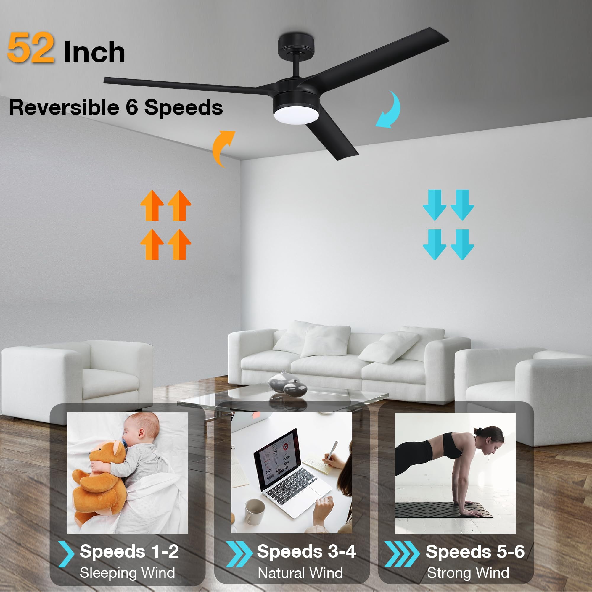 52 Inch Smart Outdoor Ceiling Fans with LED Lights and Remote,Quiet DC Motor,Dimmable, 3 Matte Black Blade for Bedroom Living Room Patio Porch, Indoor Modern Ceiling Fan Controlled by WIFI Alexa App