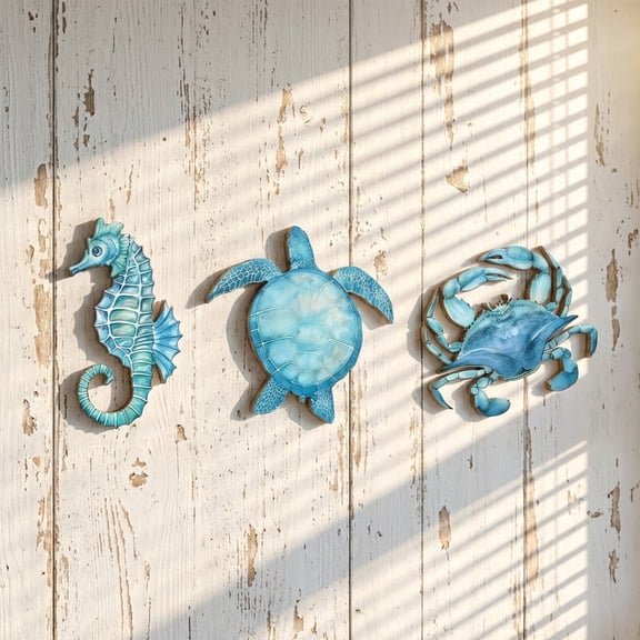 Summer Coastal Wall Decor Ocean Beach Wood Wall Art Bathroom Beach Blue Wall Art Sea Turtle Seahorse Starfish Seashell Conches Crabs Sea Life Decor for Bedroom Home