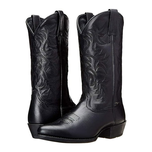 Qarigey Pies de PU, botas de vaquero occidentales resistentes al agua, acogedoras y secas, zapatos de cuero con patrón bordado para hombres, Calzado negro