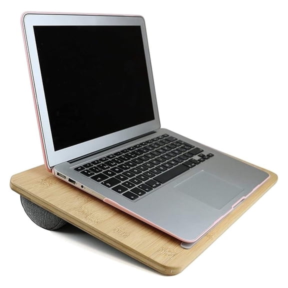 Wooden Portable Lap Laptop Desk with Pillow Cushion, Fits up to 15.6 inch Laptop, with Anti-Slip Strip and Handle, Natural Bamboo