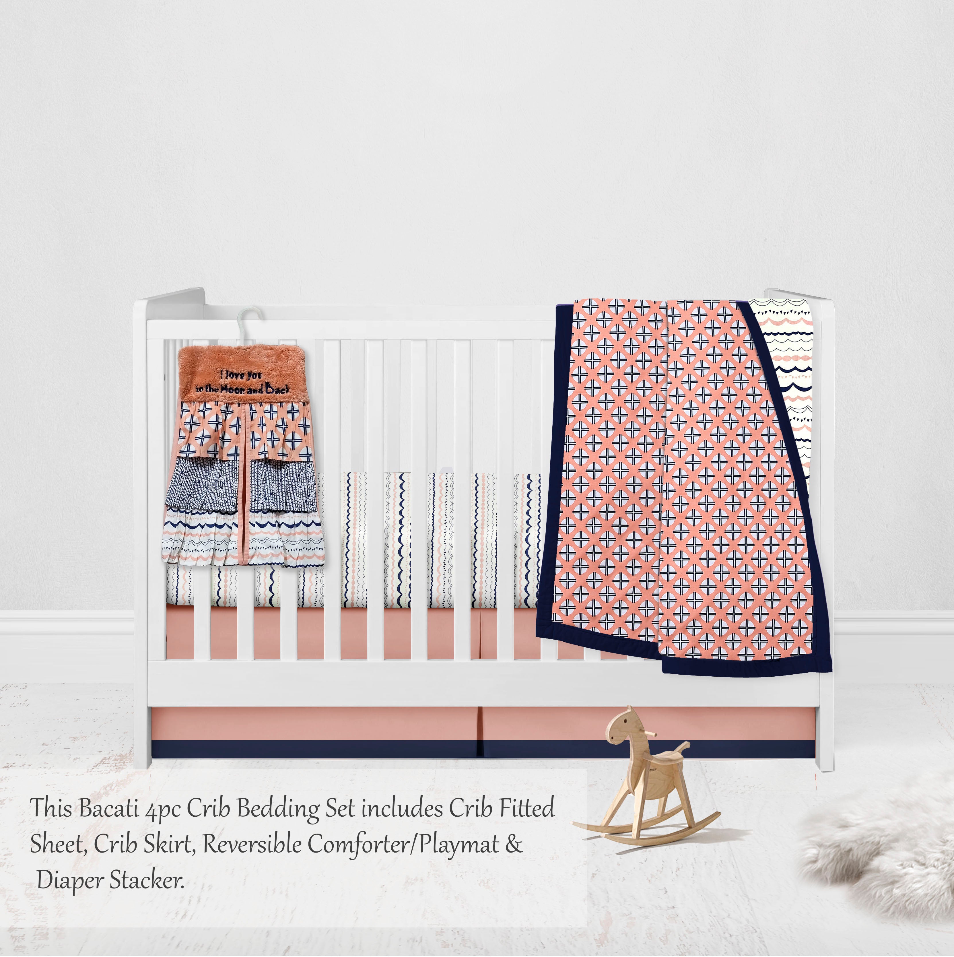 Bacati - Tribal Olivia 4-Piece Crib Bedding Set with Diaper Stacker - Coral/Navy Girls