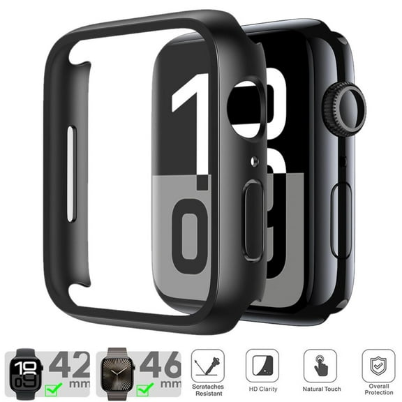 HOMEYA For Apple Watch Series 10 42MM Screen Protector Case , iWatch Protective Face Cover with Tempered Glass Film for Women Men, Black