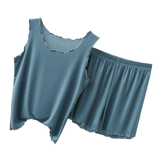 UPPADA Pyjama 2 Pcs pour Femmes en Soie et Coton, Pjs de Nuit, Col en V, Manches Courtes, Ensemble Haut et Short, Ensembles Assortis Confortables avec Poche, Bleu Pâle, TTG