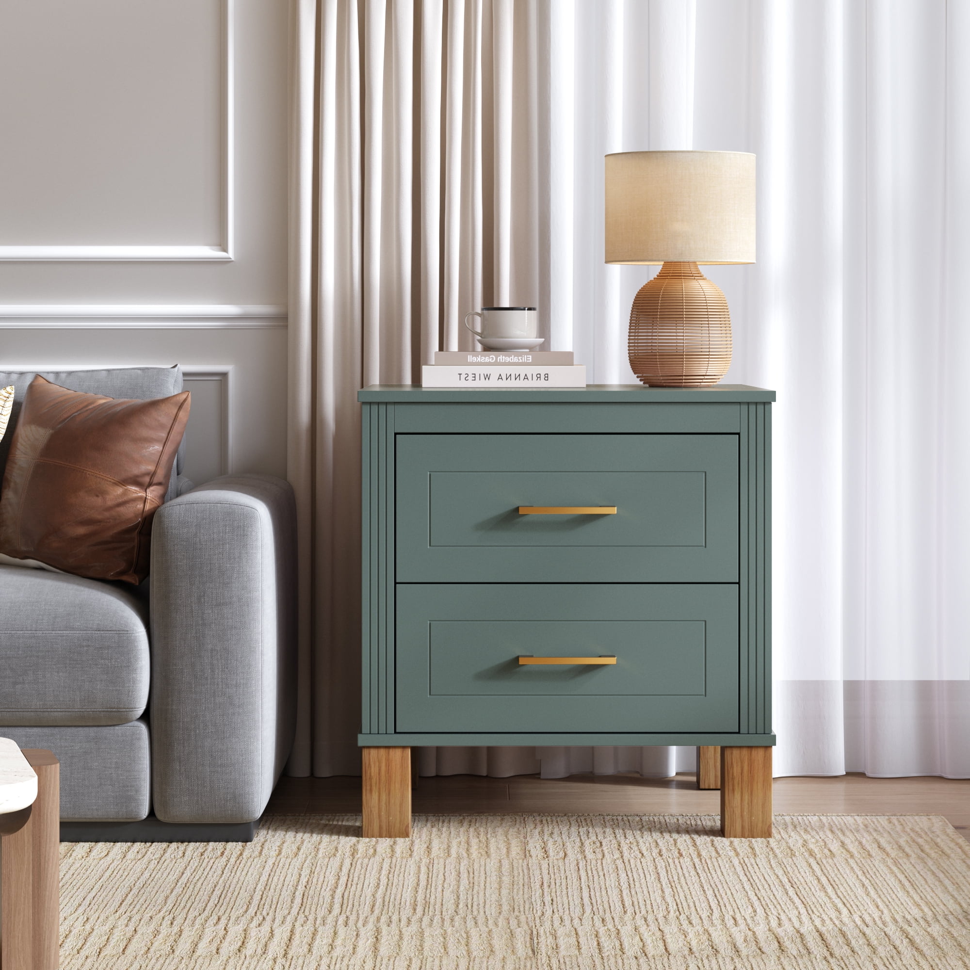 2 Drawer Nightstand, Fluted Design Bedside Table with Solid Wood Legs & Metal Handles, MDF Frame Storage Cabinet, Tall End Table for Bedroom Living Room