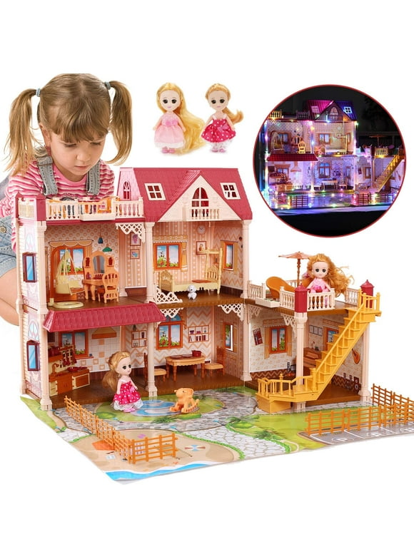 JoyStone 5 Rooms Dollhouse with 2 Dolls and Colorful Light, 26" x 23" x 20" Dream House with Play Mat, Gift for Girls