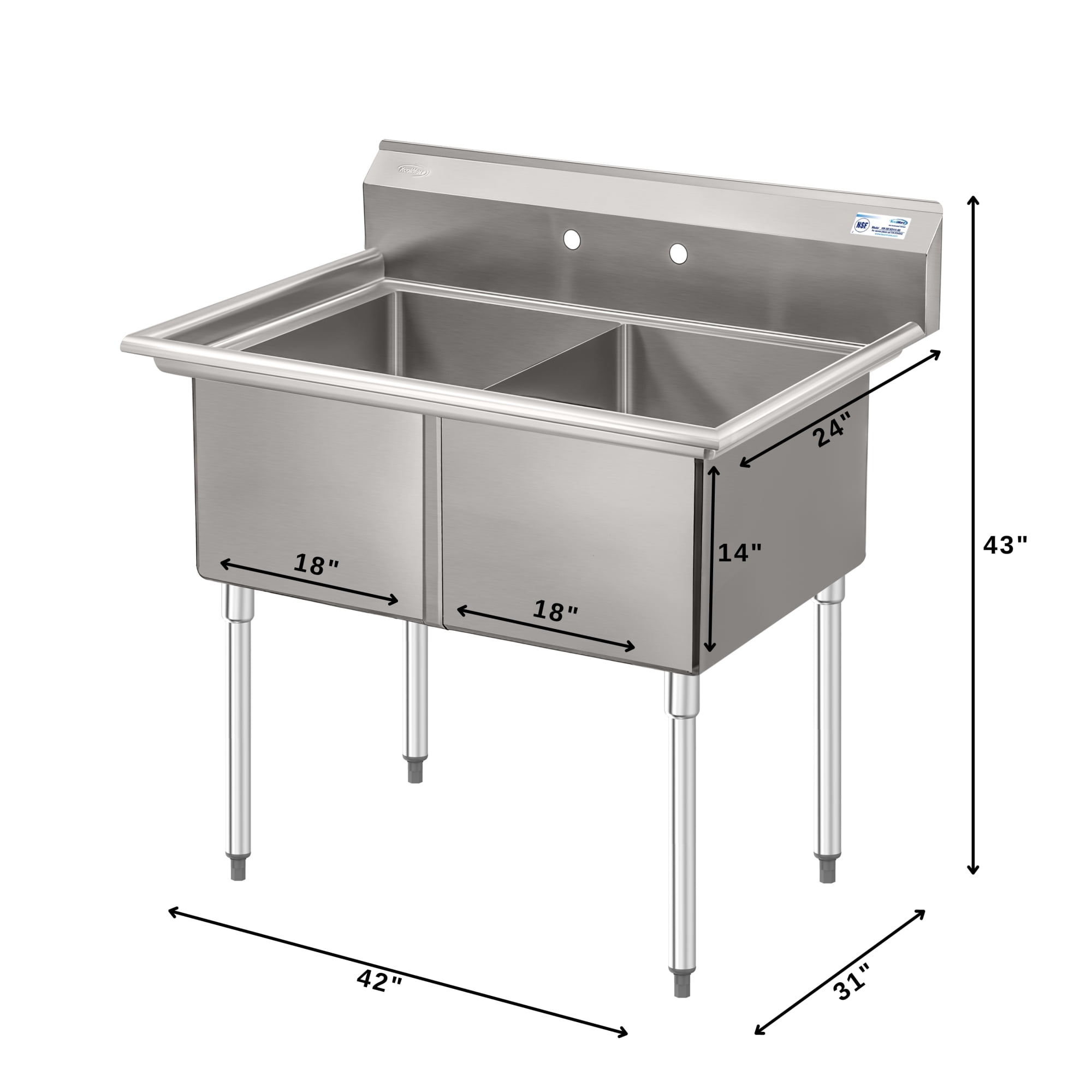 42 in. 18-Gauge 2-Compartment Commercial Sink with Backsplash, Bowl dimensions 18"x24"x14" in Stainless-Steel (KM-SB182414-N3)