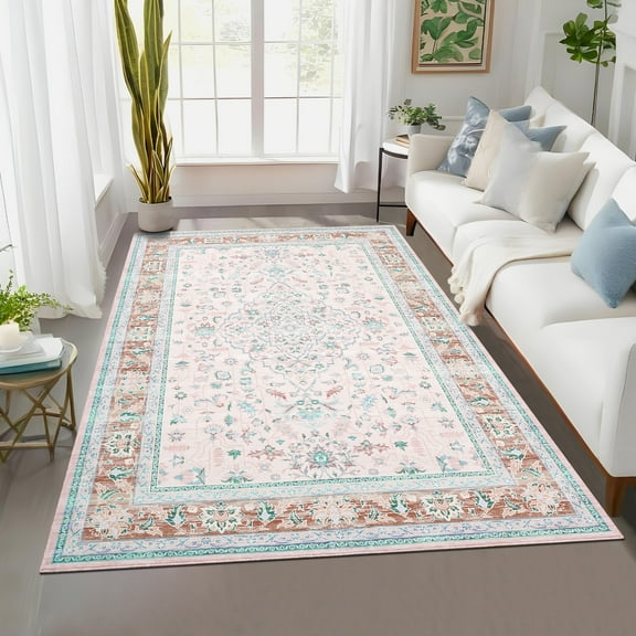 FairOnly Pink 9'x12'Vintage Floral Printed Machine Washable Large Area Rug Non Slip Soft Medallion Oriental Carpet for Living Room Home Office