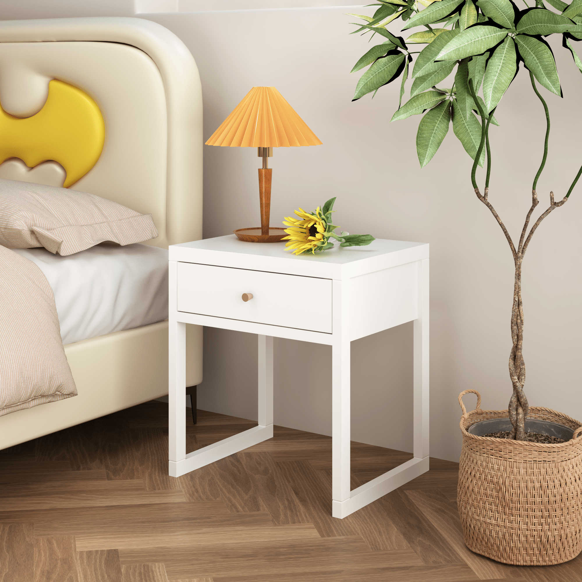 White Nightstand with Drawer,End Table,Bedside Table with Wood Handle for Small Spaces,Bedroom,Apartmen
