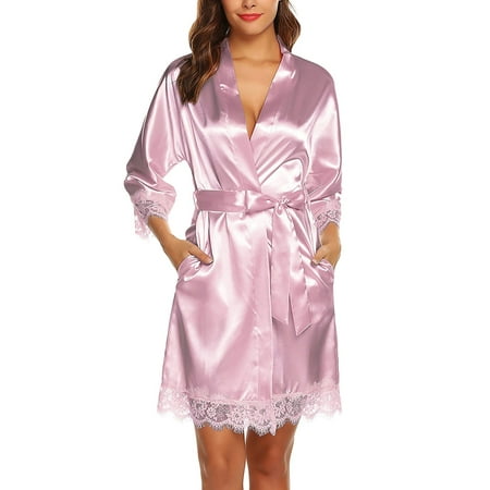 

Colisha Ladies Sleep Robe Solid Color Lingerie 3/4 Sleeve Short Mini Dress Nightwear V Neck Club Casual Tie Cardigan Lace Stitching Sleeping Water Pink S