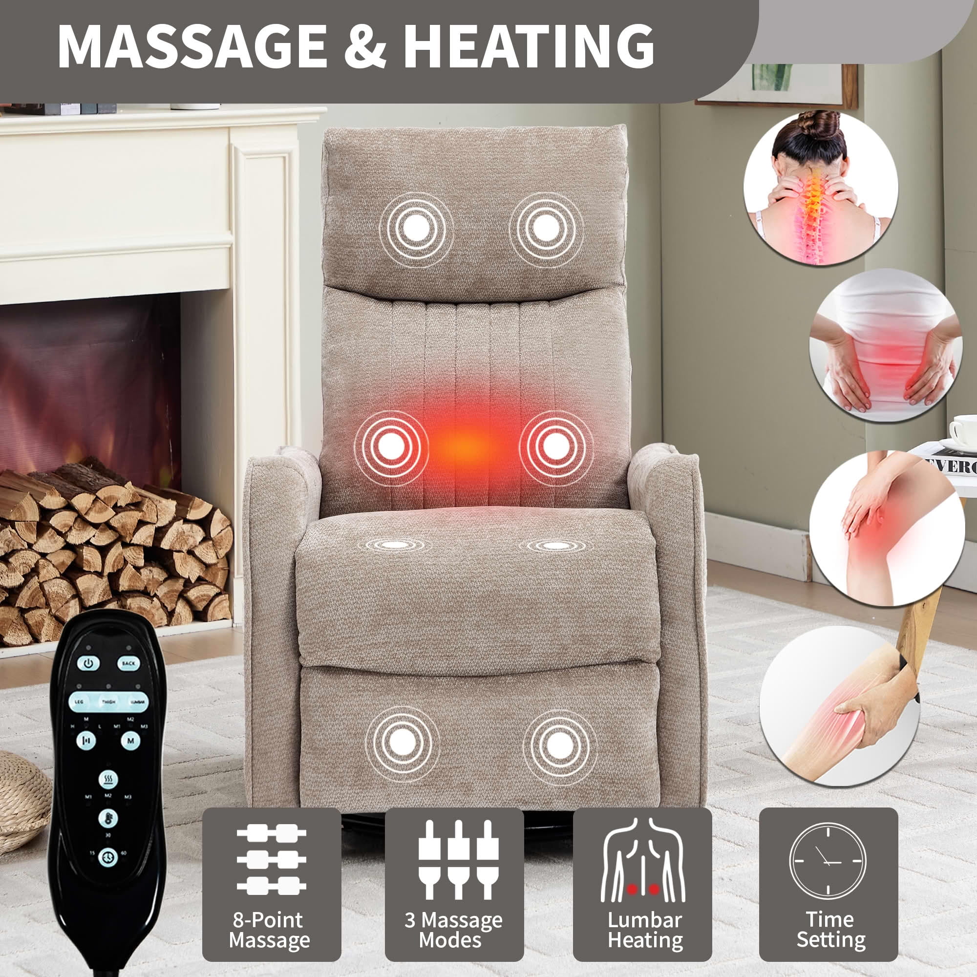 MAYEERTY Faux Leather Heat Massage Recliner Chair, 360° Swivel Rocker 26"x35"x39" for Living Room, Dark Brown