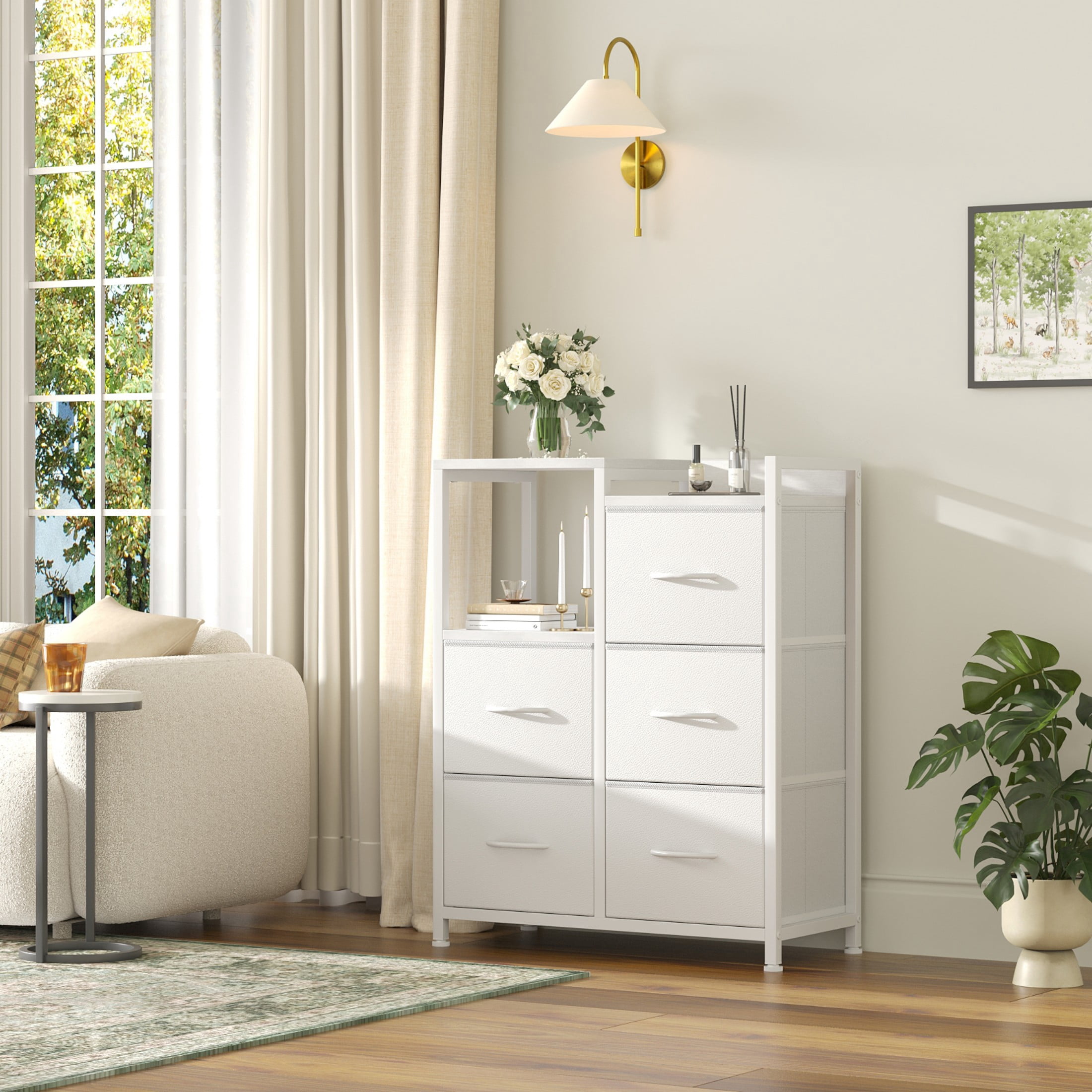 CONCETTA 5 Drawer Fabric Dresser, 2-Tier Shelf Storage Chest, Storage Cabinet for Bedroom, Hallway, Entryway, White