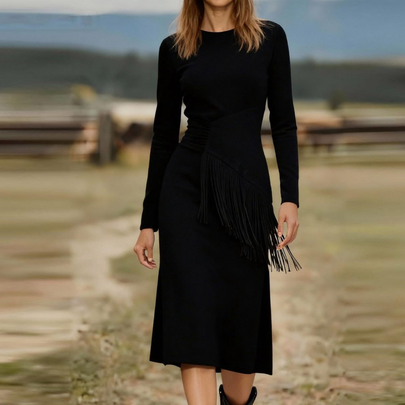 Womens Western Fringe Midi - Long Sleeve Faux Suede Boho Cowgirl Side Split Bodycon Dress with Asymmetrical Tassel Waist