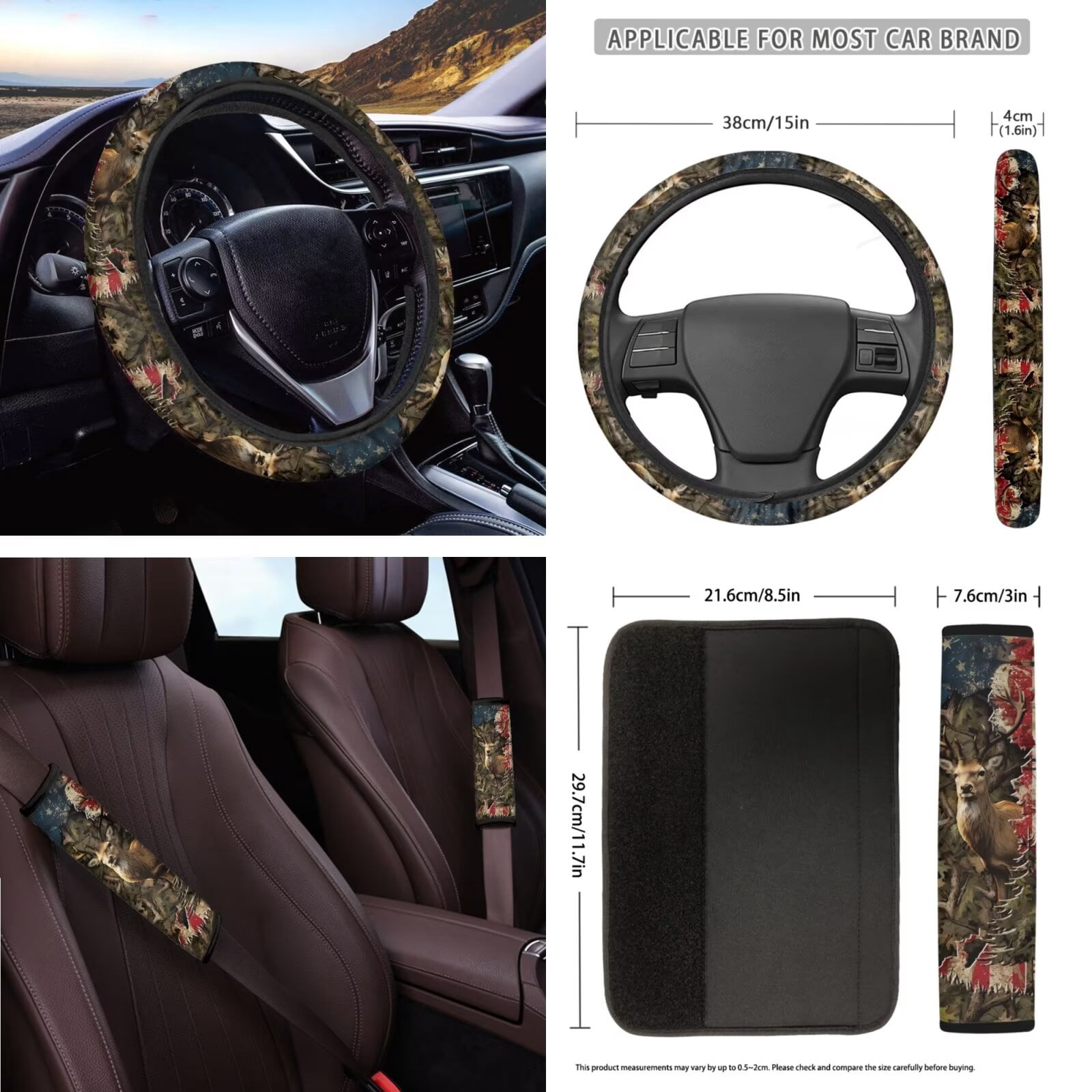 Garronmavis American Flag Forest Deer Car Seat Cover Full Set 16 Pieces Belt Pads Cover Keychain Holder Gear Shifting Knob Cup Mats