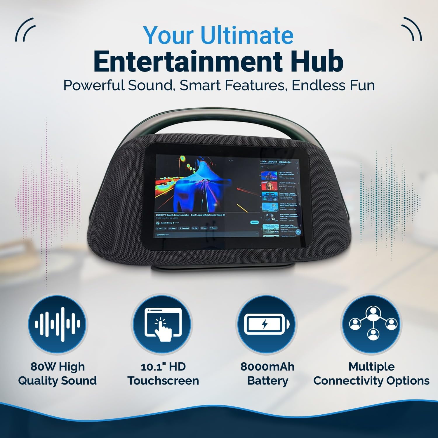 Solaris Smart Boombox Speaker with 10.1" Touchscreen, 80W Bass, Bluetooth 5.3, Android 13, HDMI & Guitar Input - Portable Speaker for Camping, Parties & Outdoor with Mic Support & 8000mAh Battery