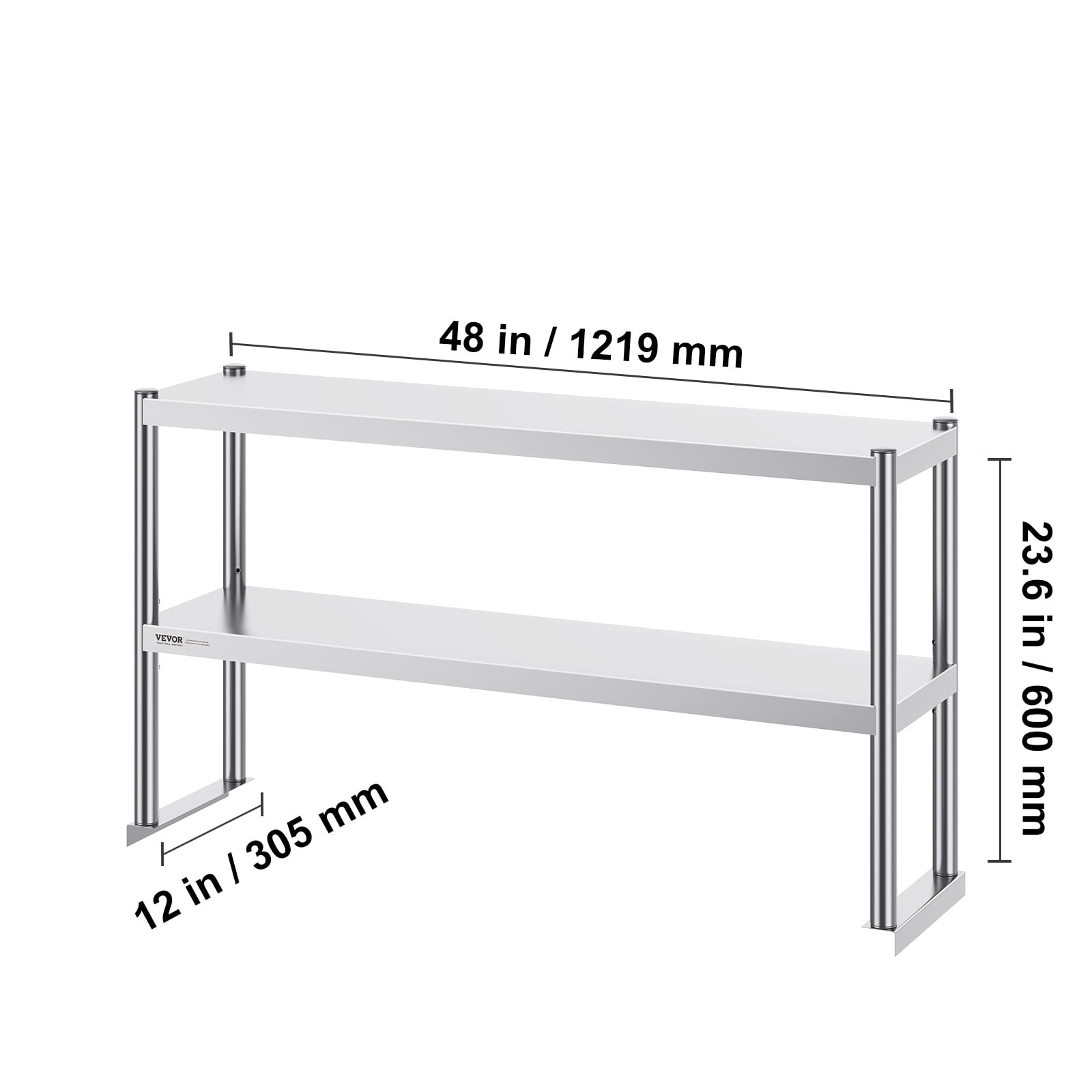 VEVOR Double Overshelf, Double Tier Stainless Steel Overshelf, 12 x 48 Inch Double Deck Overshelf, Height Adjustable Overshelf Prep Work Table for Kitchen, Restaurant and Workshop