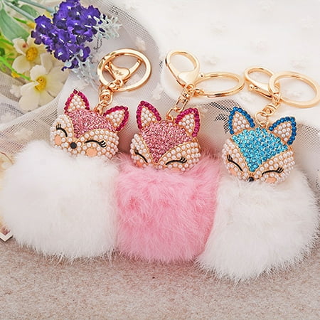 - Girl12Queen Cute Gift Bling Rhinestone Fox Rabbit Fluffy Ball Keychain Car Key Ring Pendant
