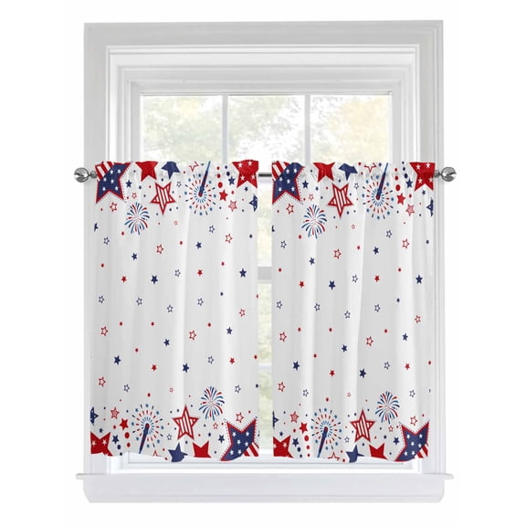 Red Blue Star 4th of July Kitchen Curtains Tier 45 Inch Length, Independence Day Fireworks Rod Pocket Light Filtering Window Curtains Living Room Bedroom Curtain Drapes Cafe Curtain 27.5''x45''x2