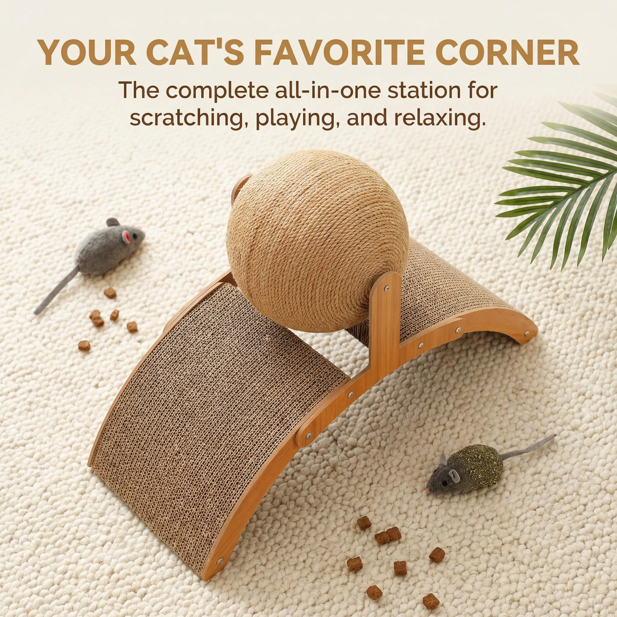 Cat Scratching Ball on Stand, Solid Wood Interactive Cat Scratcher with Arch Bridge & 360° Rotating Ball – Durable Cats Toy for Indoor Cats & Kittens, Prevents Furniture Damage (21.6 * 8.8 * 15.7in)