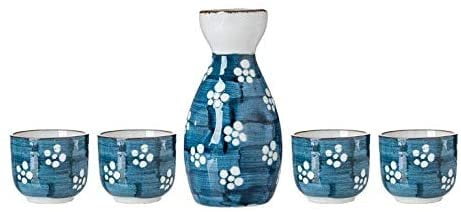 Ceramic Flask and Cups Sake Set with Blue Floral Pattern Boxed 