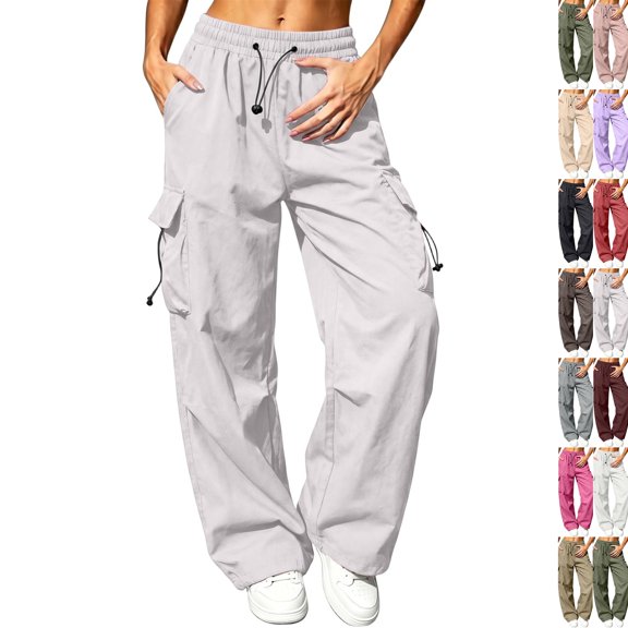 Plus Size Cargo Pants for Women Wide Leg High Waisted Lightweight Stretchy Sweatpants with Pockets for Hiking Outfits Silver M