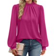 thumbnail image 3 of Camisas de Larga para Mujer, Blusas de Cuello Alto con Pliegues Delanteros, Ropa Informal Elegante para Otoño. Rosa Roja XXL, 3 of 5