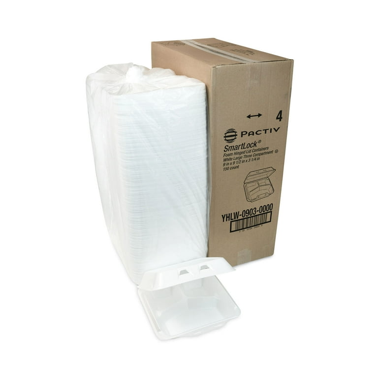 SmartLock Foam Hinged Lid Container, Large, 3-Compartment, 9 x 9.25 x 3.25, White, 150/Carton SmartLock Foam Hinged Lid Container, Large, 3-Compartment, 9 x 9.25 x 3.25, White, 150/Carton
