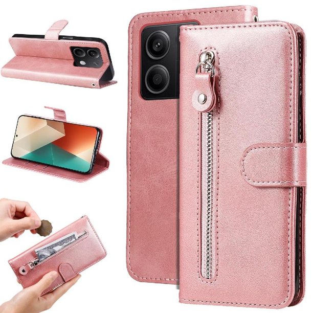 Estuche de Cuero PU con Cierre para Xiaomi Redmi Note 13 5G , Funda Protectora con Billetera y Correa