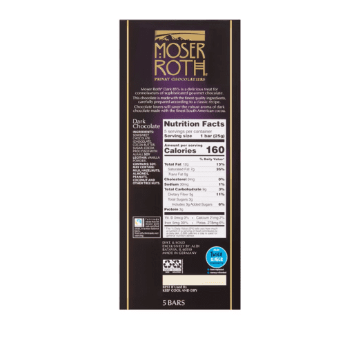 Moser Roth Chocolate Bar Dark 85% Cocoa 5 Individually Wrapped Bars 4.4 oz , 3 Pack