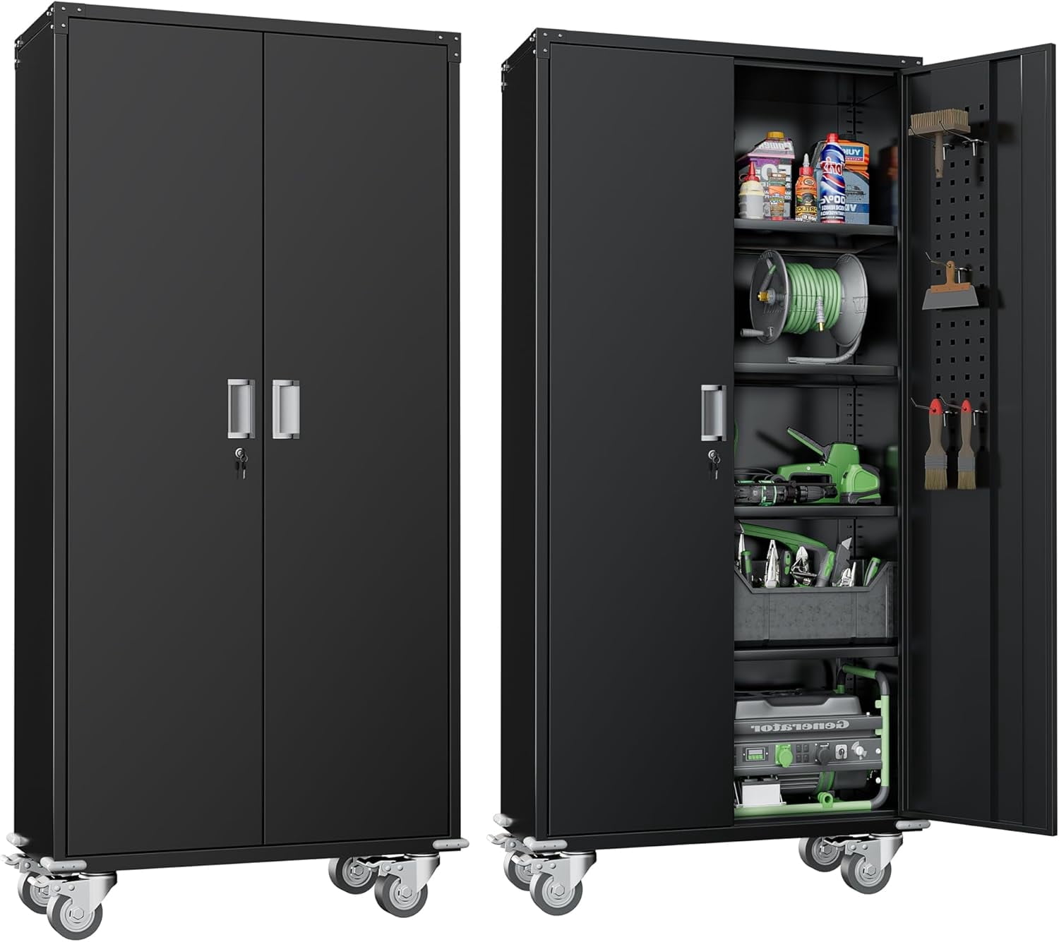 SUNCROWN Metal Storage Cabinet with Wheels,72” Black Garage Storage Cabinet with Pegboards and Wheels, Rolling Tool Cabinet with Locking Doors and Shelves for Home,Basement, Kitchen Pantry,Warehouse