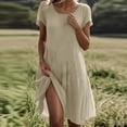 thumbnail image 2 of Linen Dresses for Women Summer Causal Short Sleeve Midi Dress Cre W Neck Solid Color Fashion Beach Vacation Clothes, 2 of 7