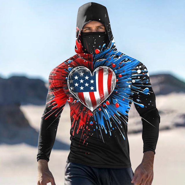 Viluyesy Mens Sun Shirt UV Protection with Face Mask, Printed Quick Dry Breathable Rash Guard Long Sleeve Shirt Black L