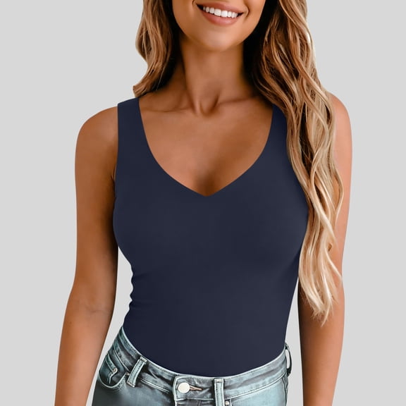 HongQid Women's V-Neck Sleeveless Fitted Tank Top โ Basic Solid Color Slim Fit Cami, Stretchy Casual Layering Top for Summer,Navy XL